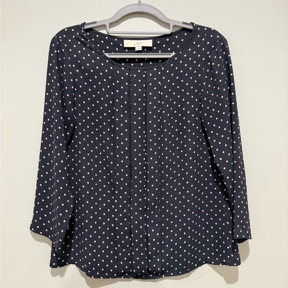 LOFT Dark Grey Polka Dot Pleated Front Blouse With Round Neck Size XS